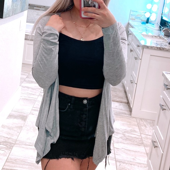 long sleeve gray cardigan / front tie top - Picture 3 of 8